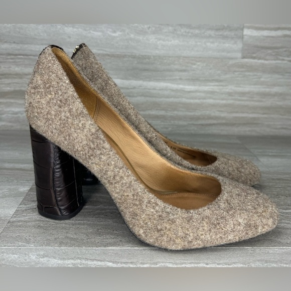 Coach Shoes - Coach Ophelia Brown Wool Croc Embossed Block Heel Size 8.5B